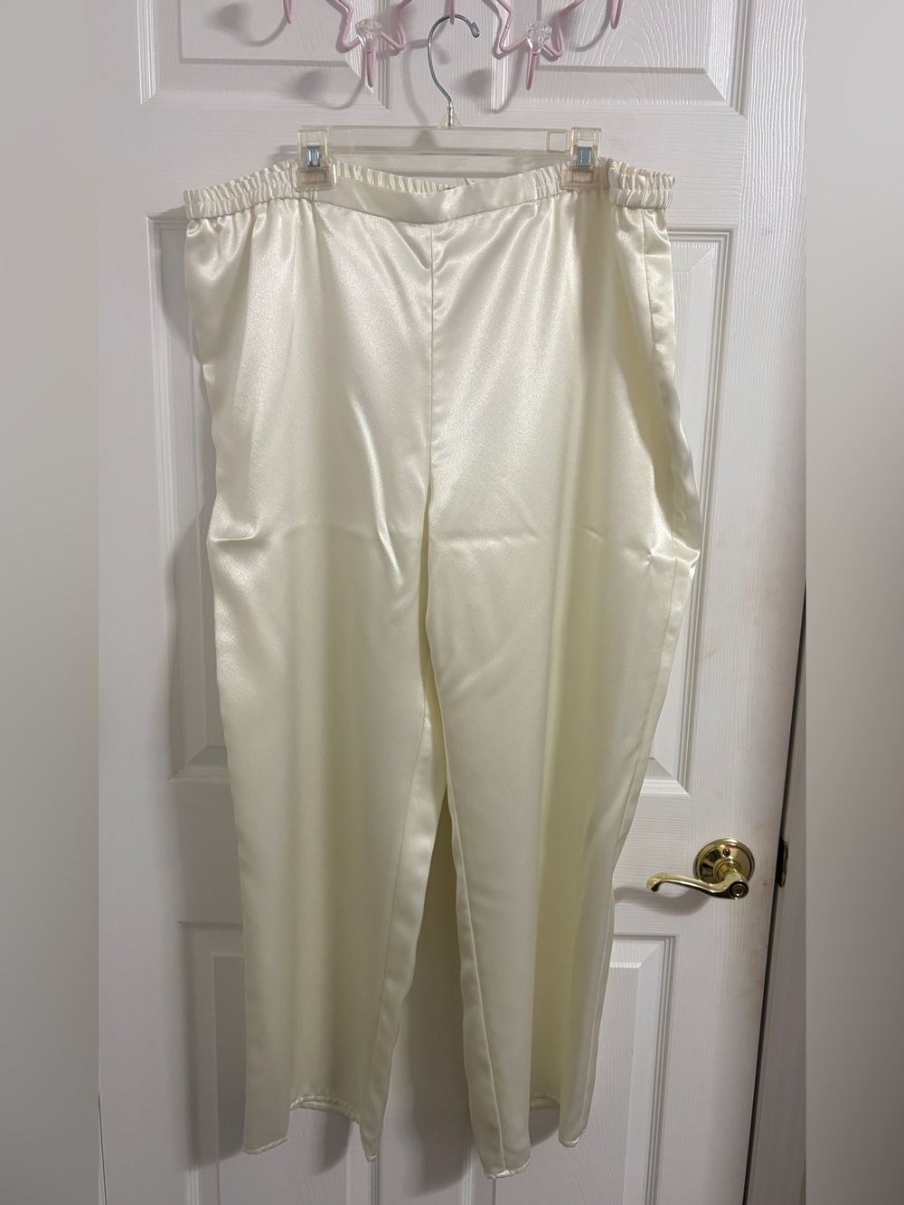 Cream Satin Straight-Leg Pants with Elastic Waist